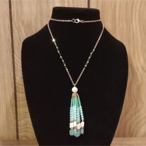 Vtg. Stone Green Blue Gold Beaded Tassel Pendant Silver Tone 32" Chain Necklace